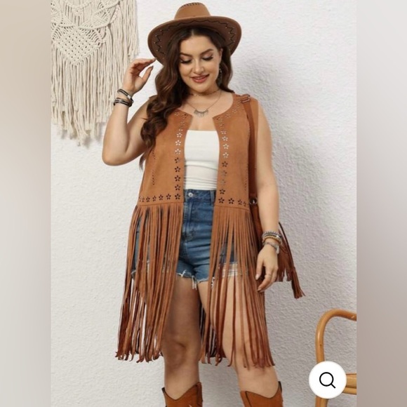 Plus Fringe Hem Suedette Vest Coat - Picture 2 of 4